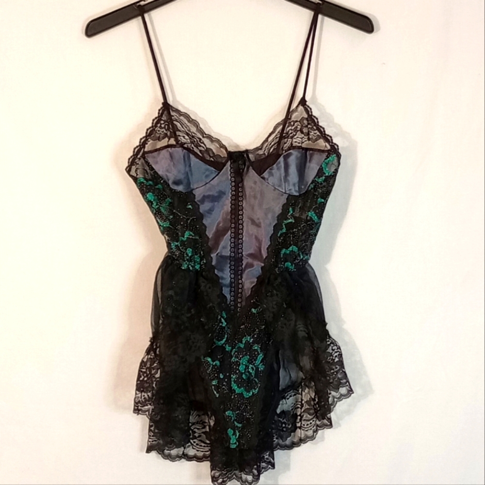 Vintage Nani Flower 80's Nylon lace teddy bodysuit size small green black floral